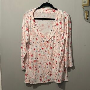 New Directions Floral V-Neck Blouse - Red and Blue